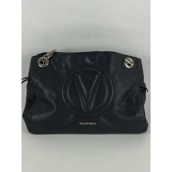 Valentino by Mario Valentino Quilted Logo Chain Strap Leather Hand Bag Blk D137 - Picture 8 of 11